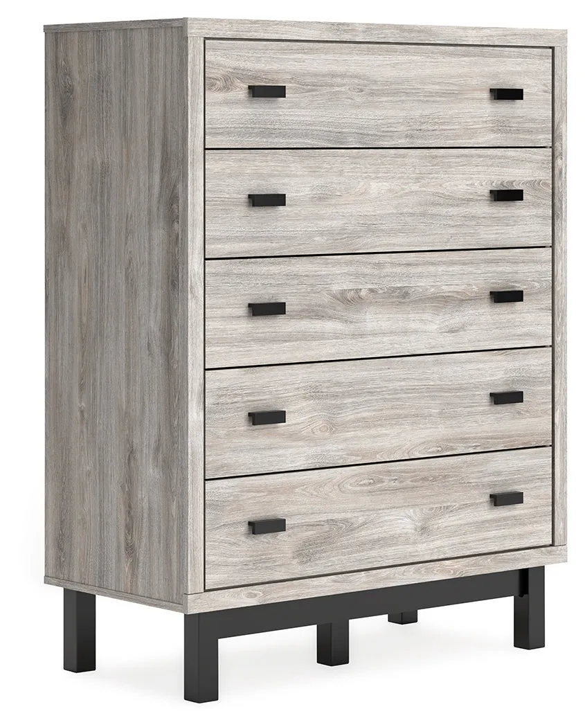 Vessalli King Panel Bed with Mirrored Dresser and Chest in Gray
