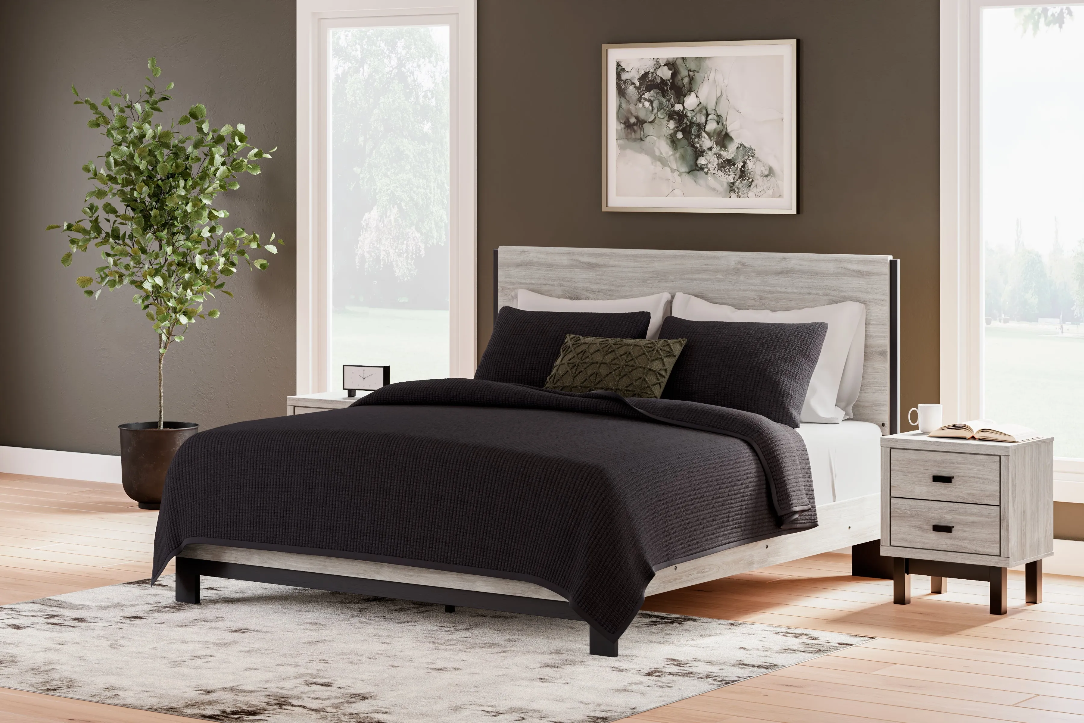 Vessalli King Panel Bed with Mirrored Dresser and Chest in Gray