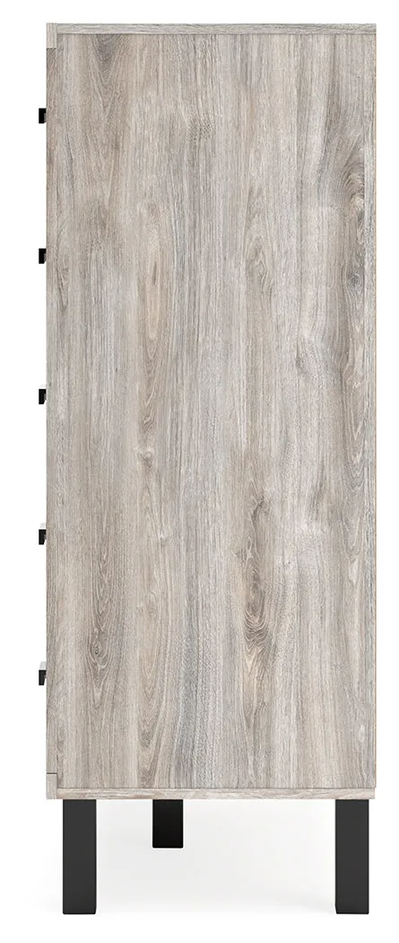 Vessalli King Panel Bed with Mirrored Dresser and Chest in Gray