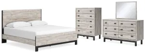Vessalli King Panel Bed with Mirrored Dresser and Chest in Gray