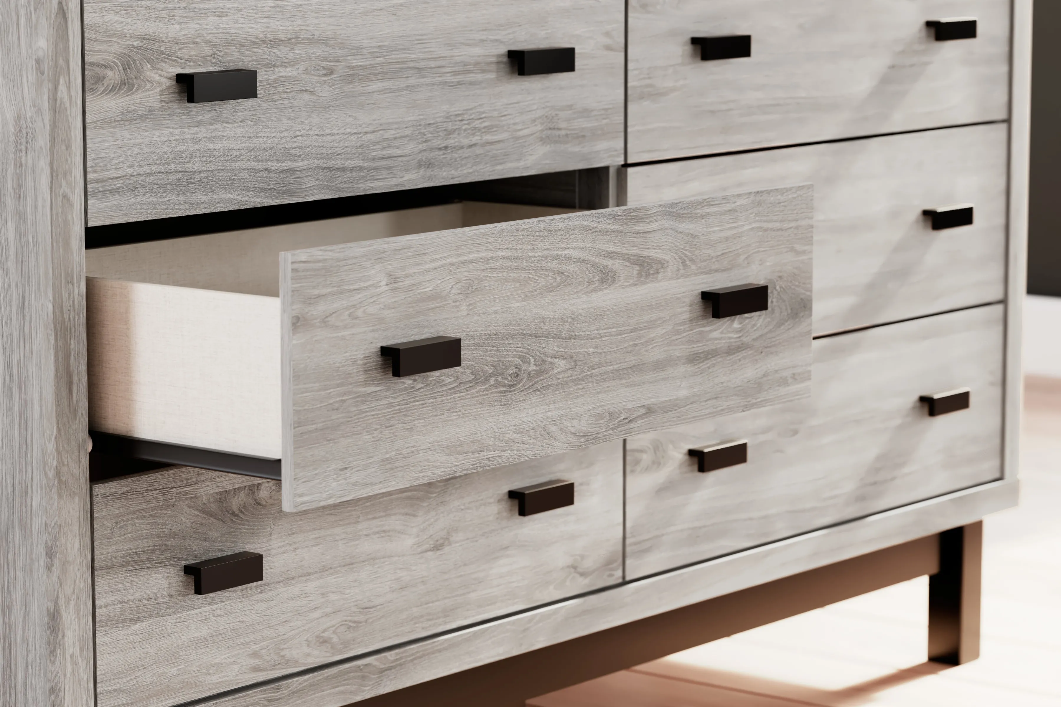 Vessalli King Panel Bed with Mirrored Dresser and Chest in Gray