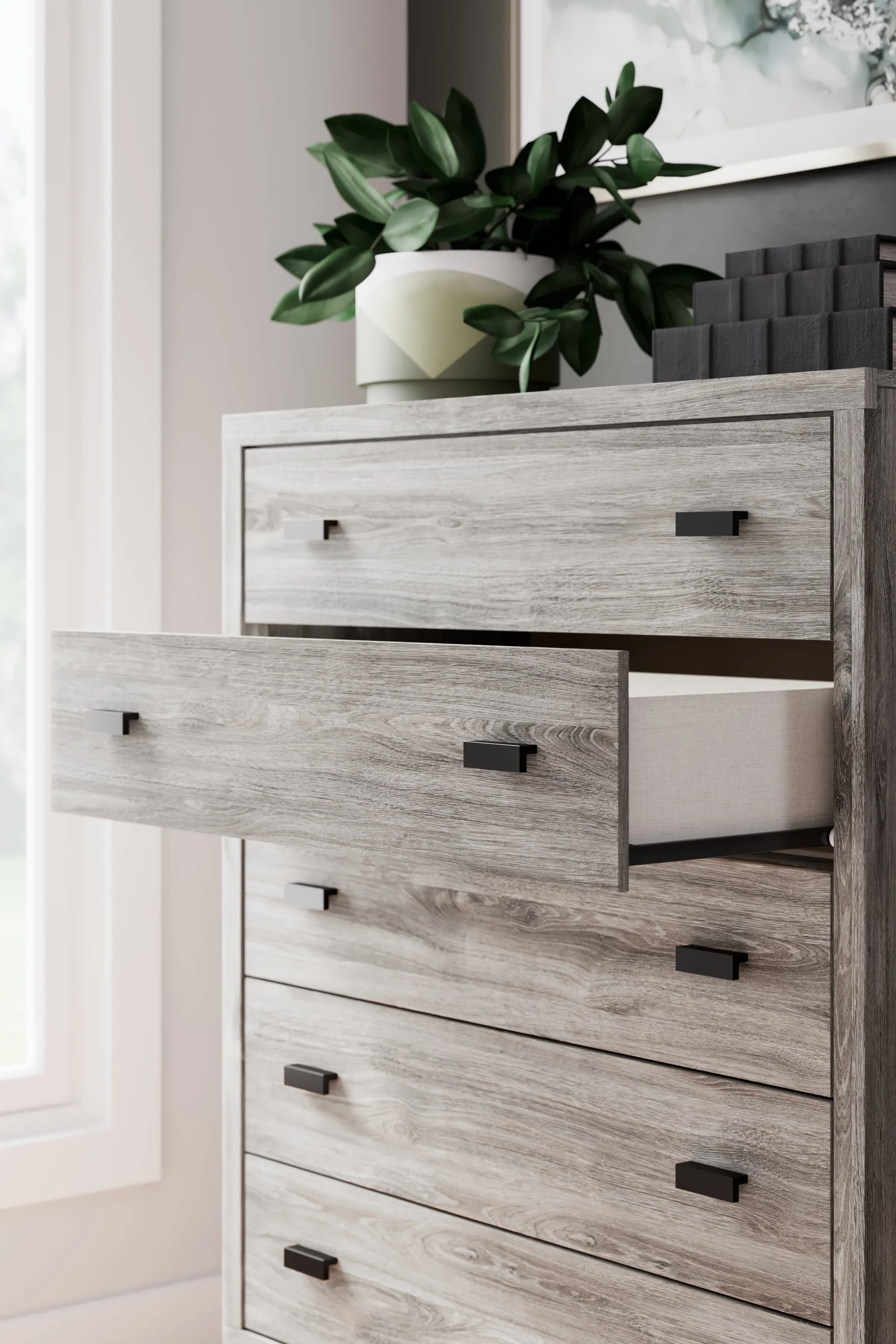 Vessalli King Panel Bed with Mirrored Dresser and Chest in Gray