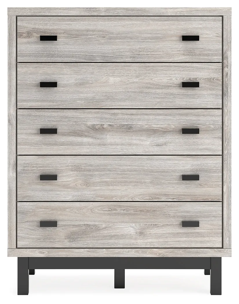 Vessalli King Panel Bed with Mirrored Dresser and Chest in Gray