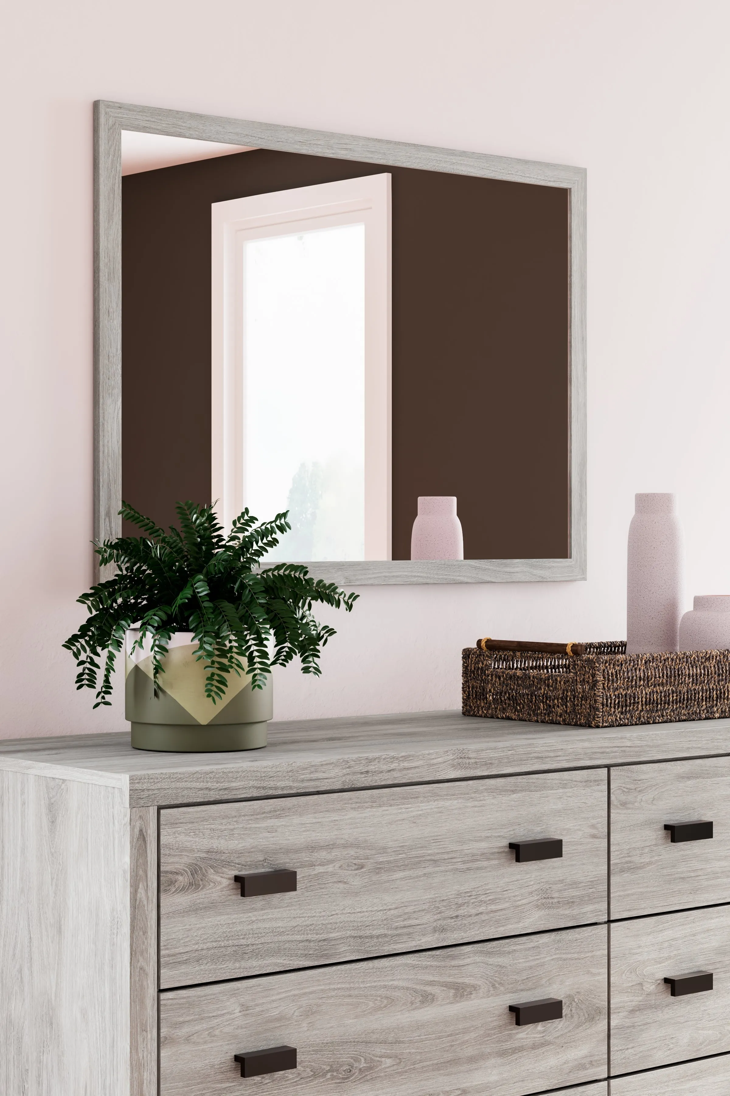 Vessalli King Panel Bed with Mirrored Dresser and Chest in Gray