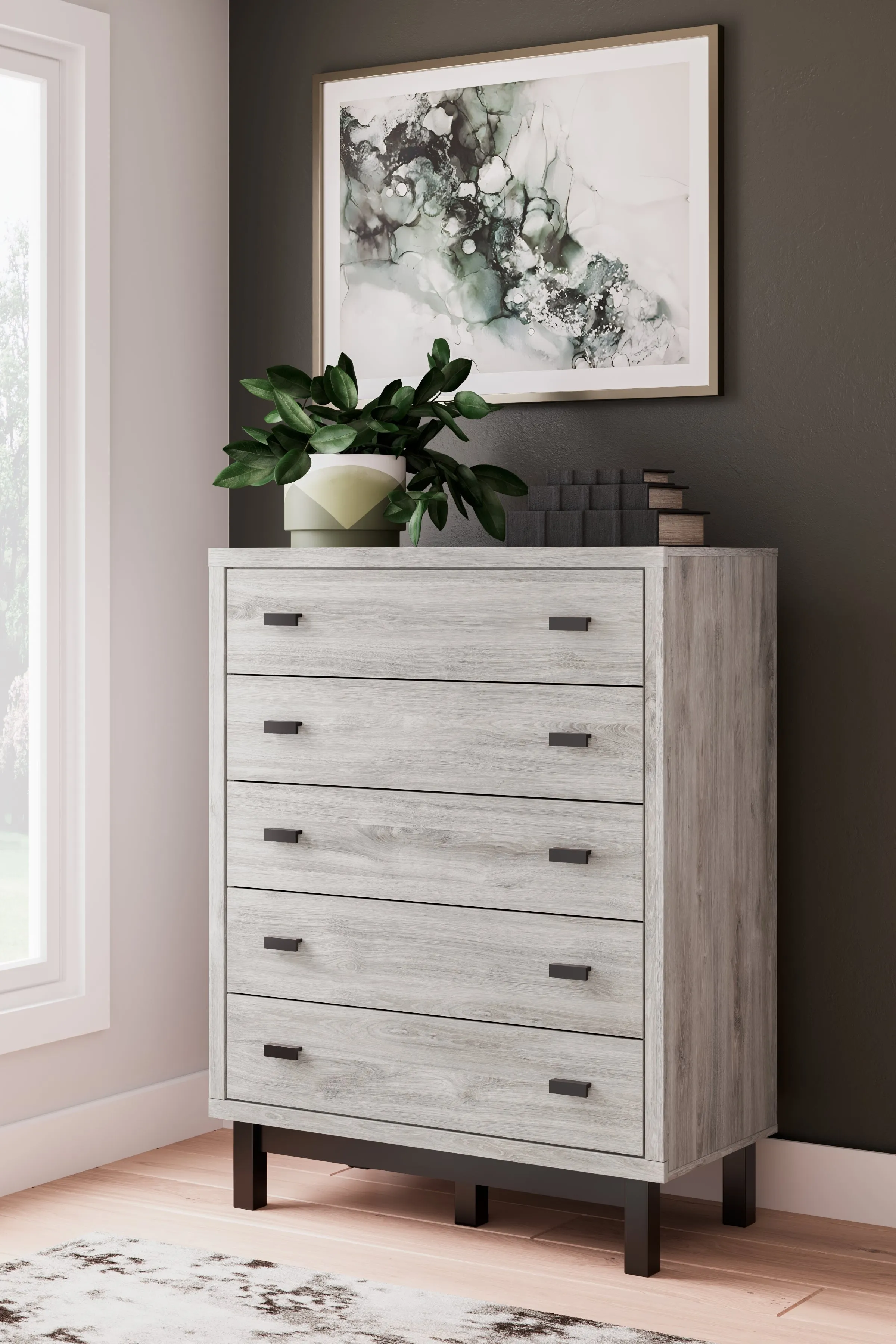 Vessalli King Panel Bed with Mirrored Dresser and Chest in Gray