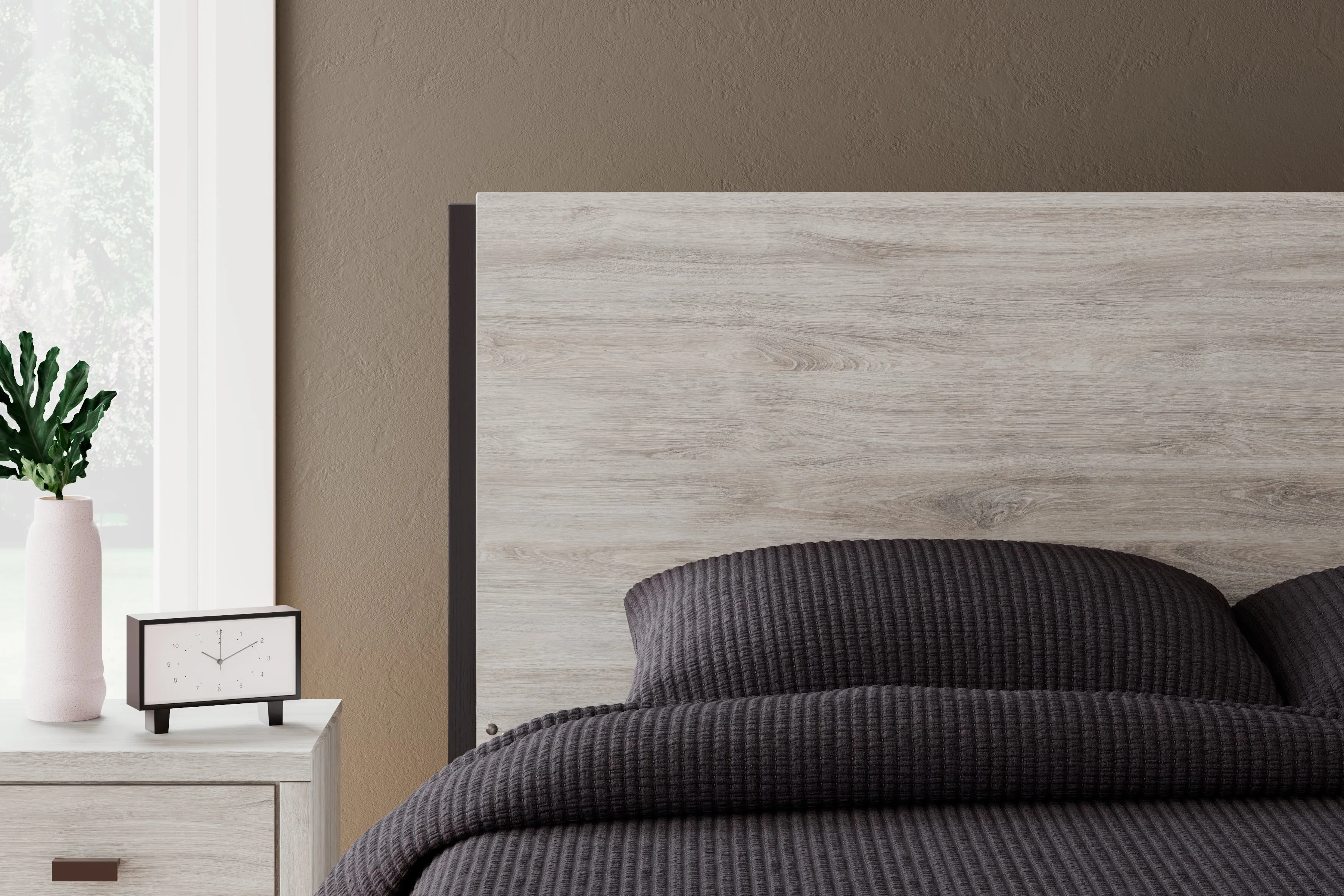 Vessalli King Panel Bed with Mirrored Dresser and Chest in Gray