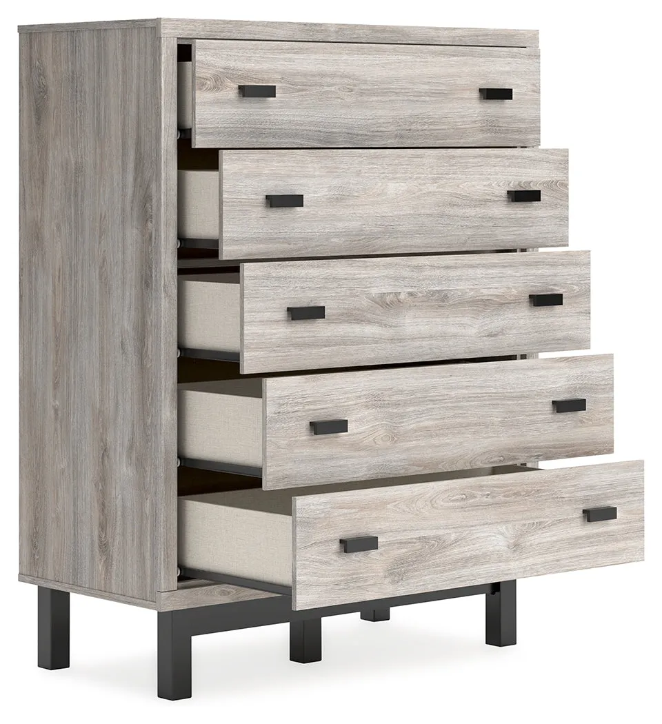 Vessalli King Panel Bed with Mirrored Dresser and Chest in Gray