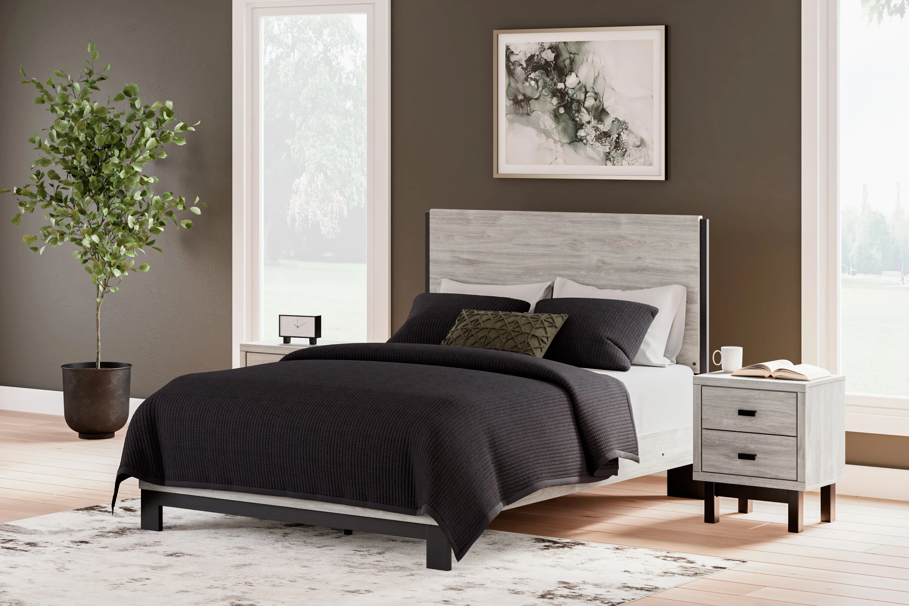 Vessalli Queen Panel Bed with Mirrored Dresser, Chest and Nightstand in Gray