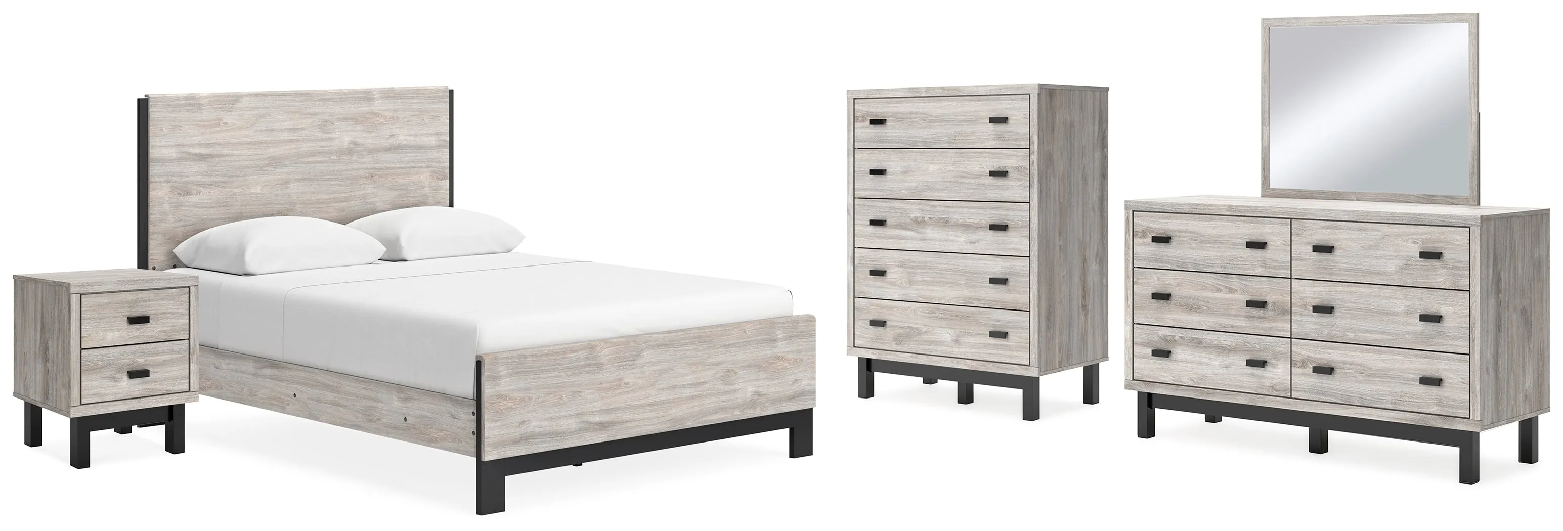 Vessalli Queen Panel Bed with Mirrored Dresser, Chest and Nightstand in Gray