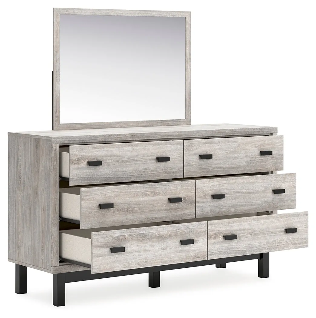 Vessalli Queen Panel Headboard with Mirrored Dresser and Nightstand in Two-tone