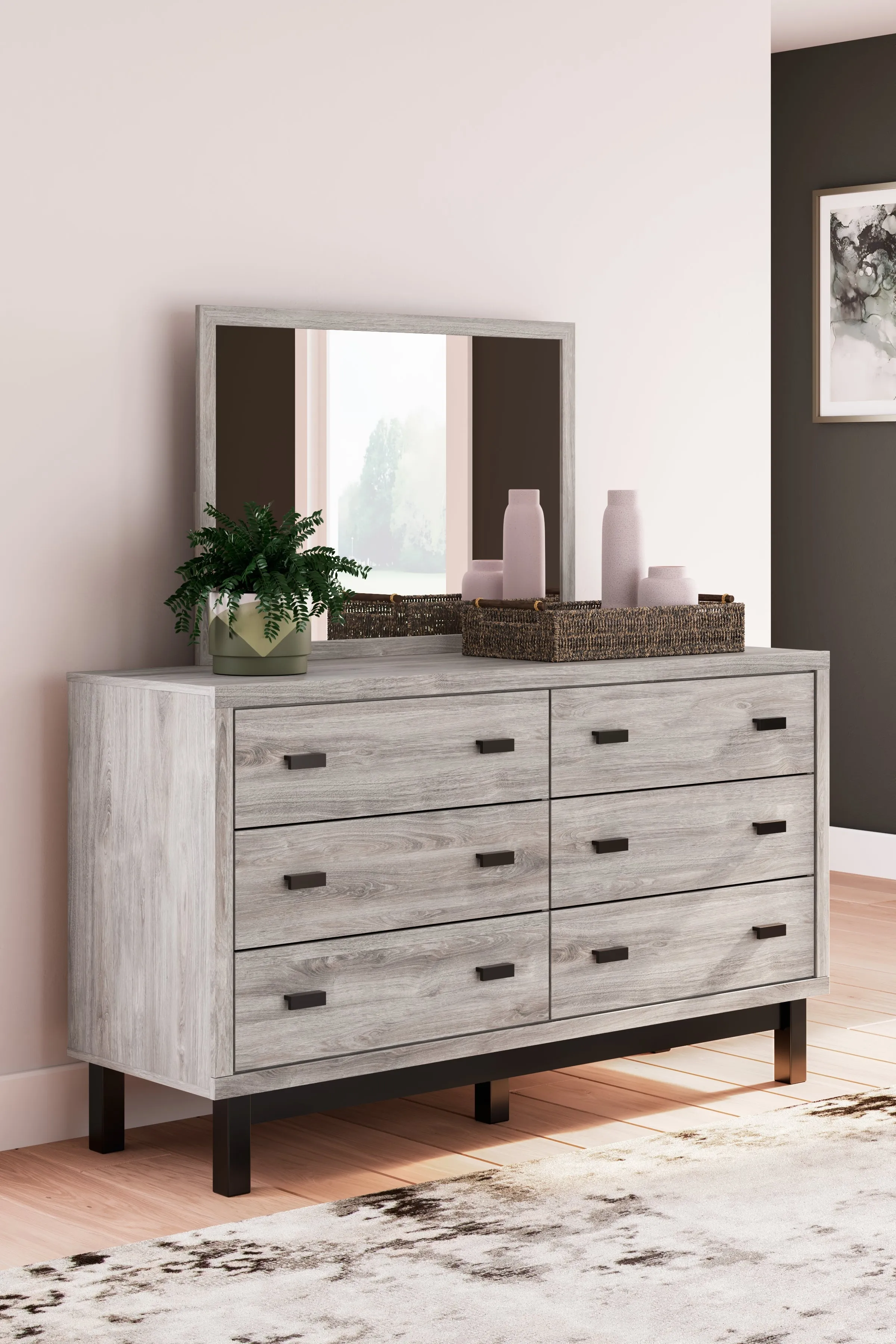 Vessalli Queen Panel Headboard with Mirrored Dresser and Nightstand in Two-tone