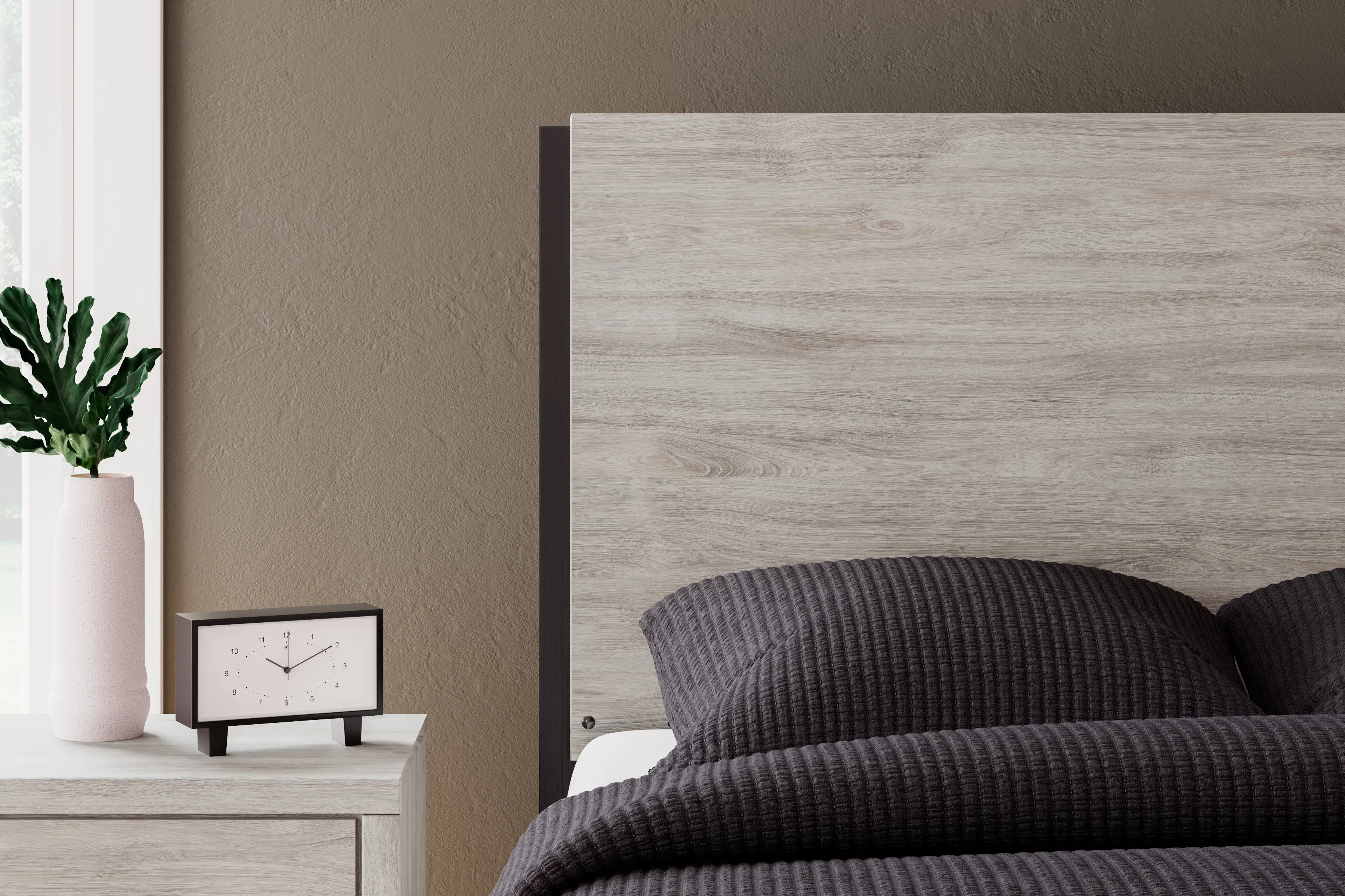 Vessalli Queen Panel Headboard with Mirrored Dresser and Nightstand in Two-tone