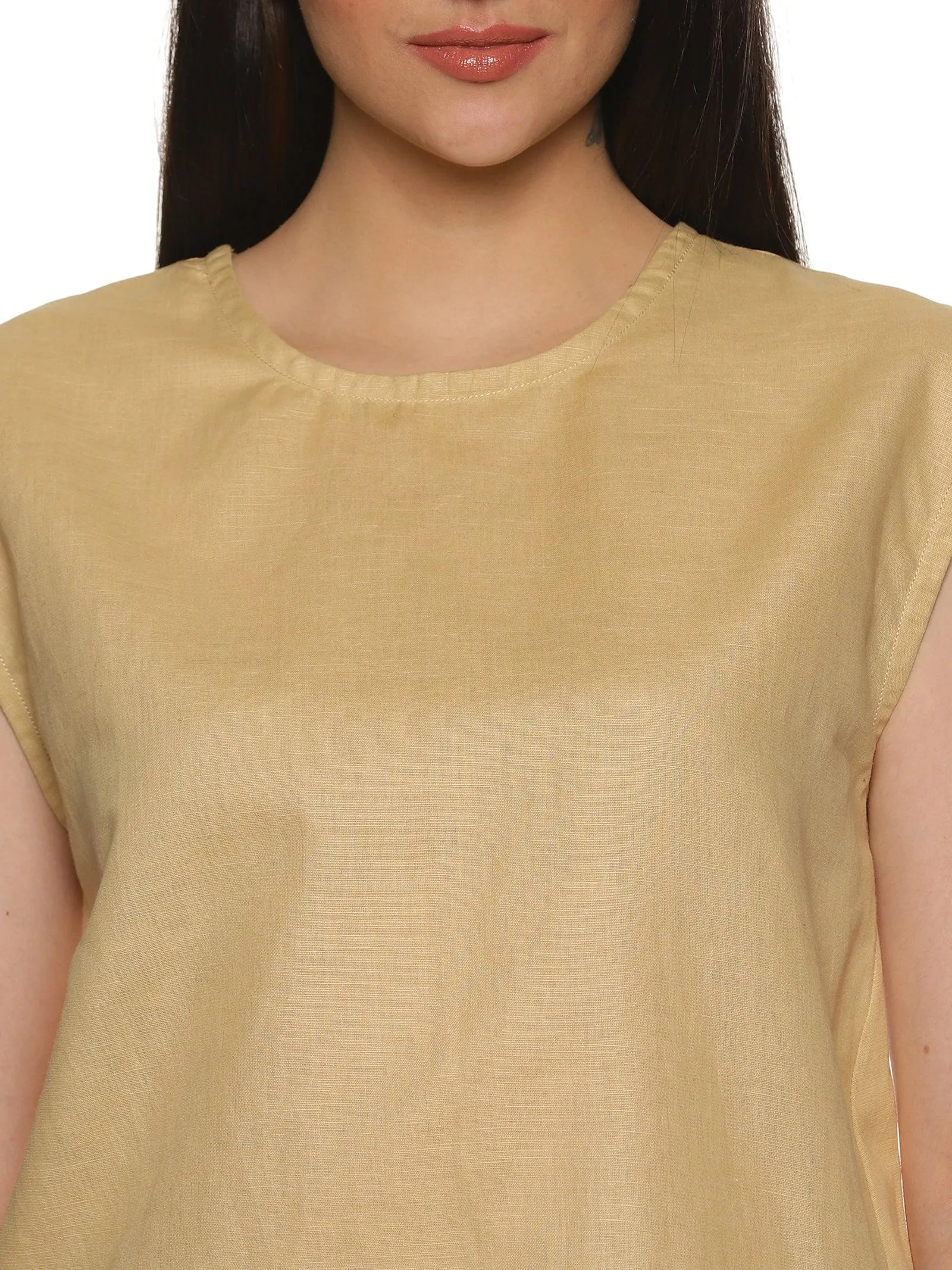 Women's Casual Beige Cotton Round Collar Half Sleeves Top - Timeless Elegance and Comfort