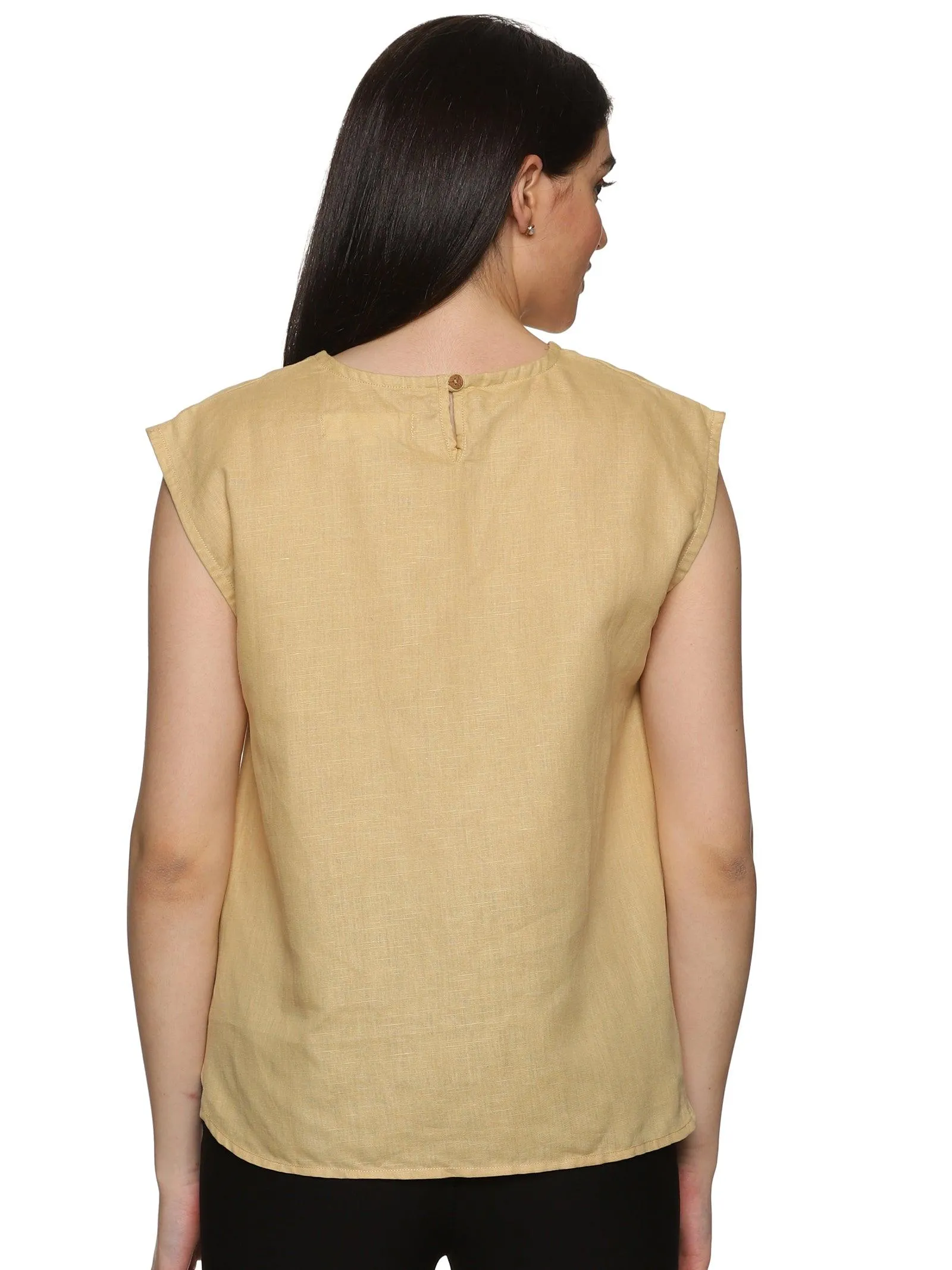Women's Casual Beige Cotton Round Collar Half Sleeves Top - Timeless Elegance and Comfort