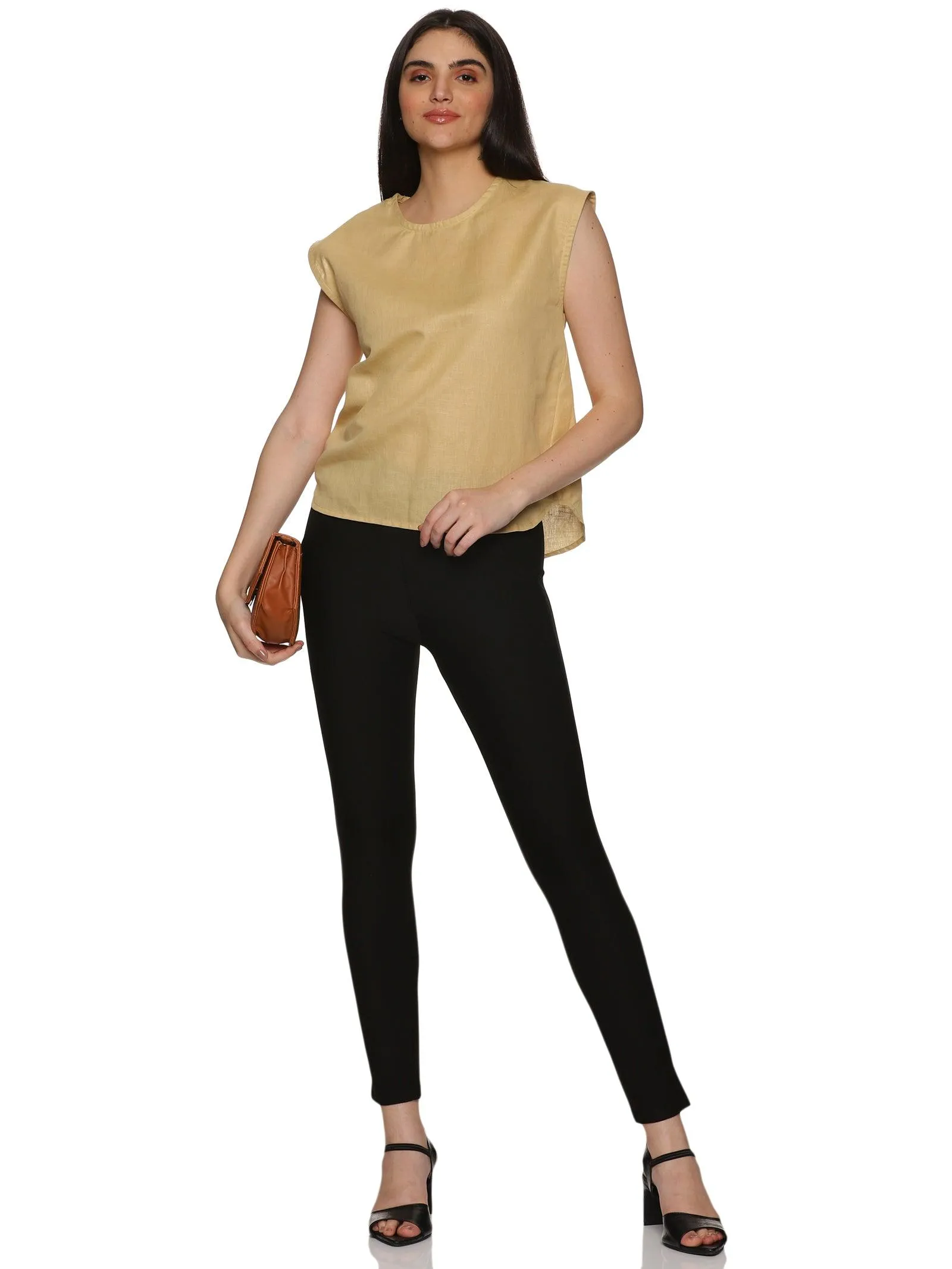 Women's Casual Beige Cotton Round Collar Half Sleeves Top - Timeless Elegance and Comfort