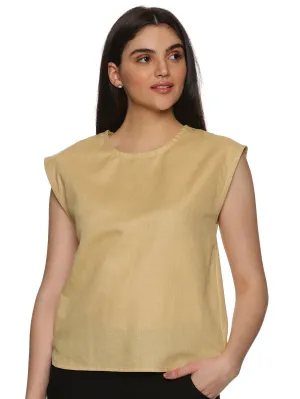 Women's Casual Beige Cotton Round Collar Half Sleeves Top - Timeless Elegance and Comfort